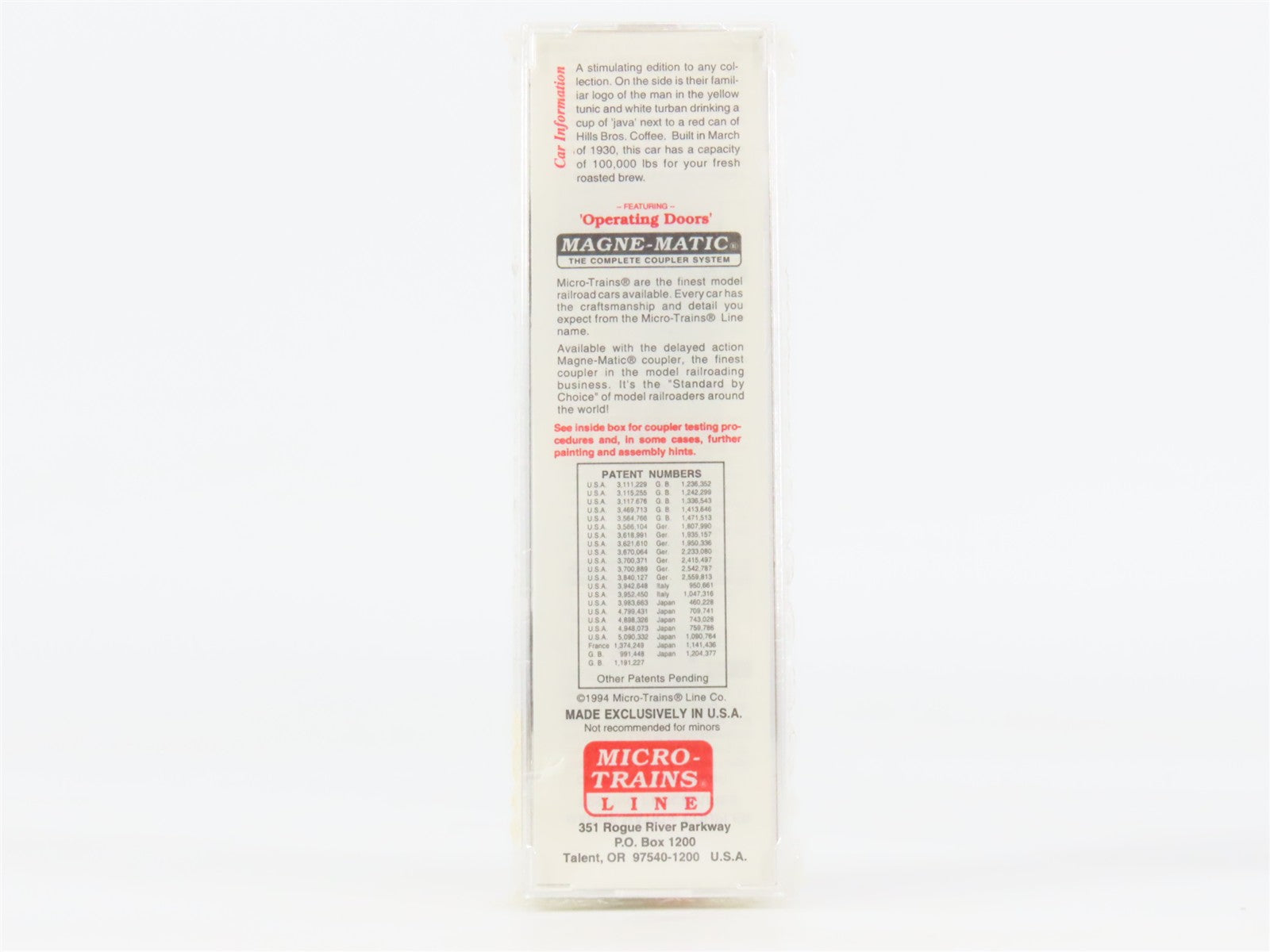 N Scale Micro-Trains 42100 HBCX Hills Bros. Coffee 40' Box Car 166 RTR