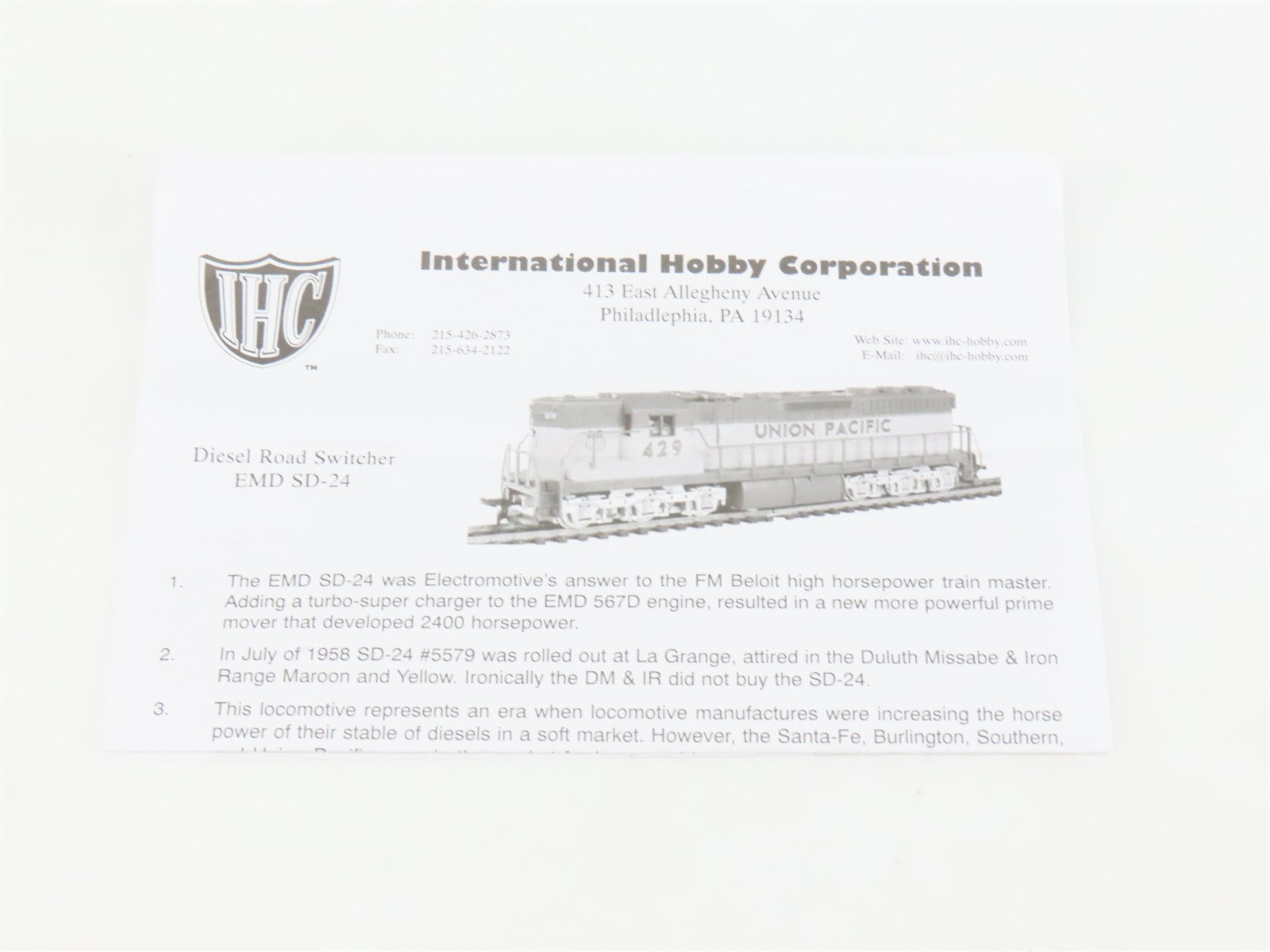 HO Scale IHC 3807 CP Canadian Pacific SD24 Diesel Locomotive #9950