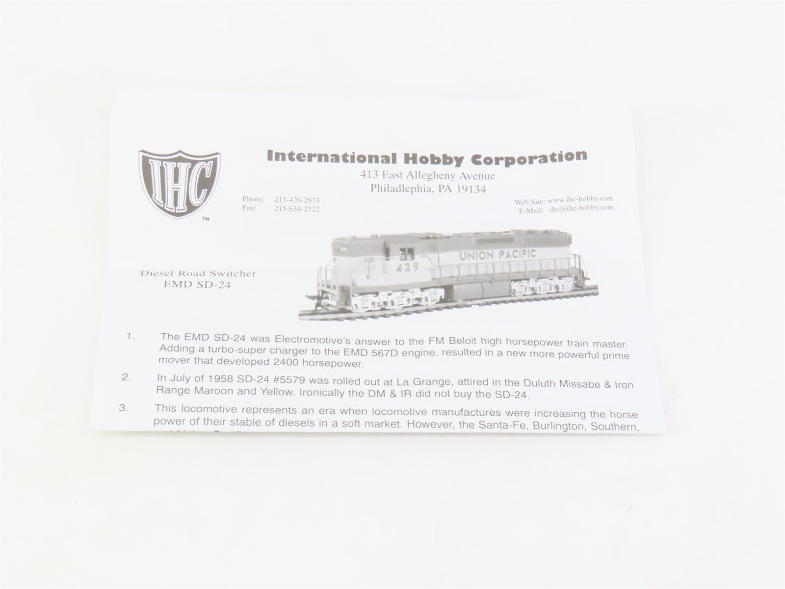 HO Scale IHC 3807 CP Canadian Pacific SD24 Diesel Locomotive #9950