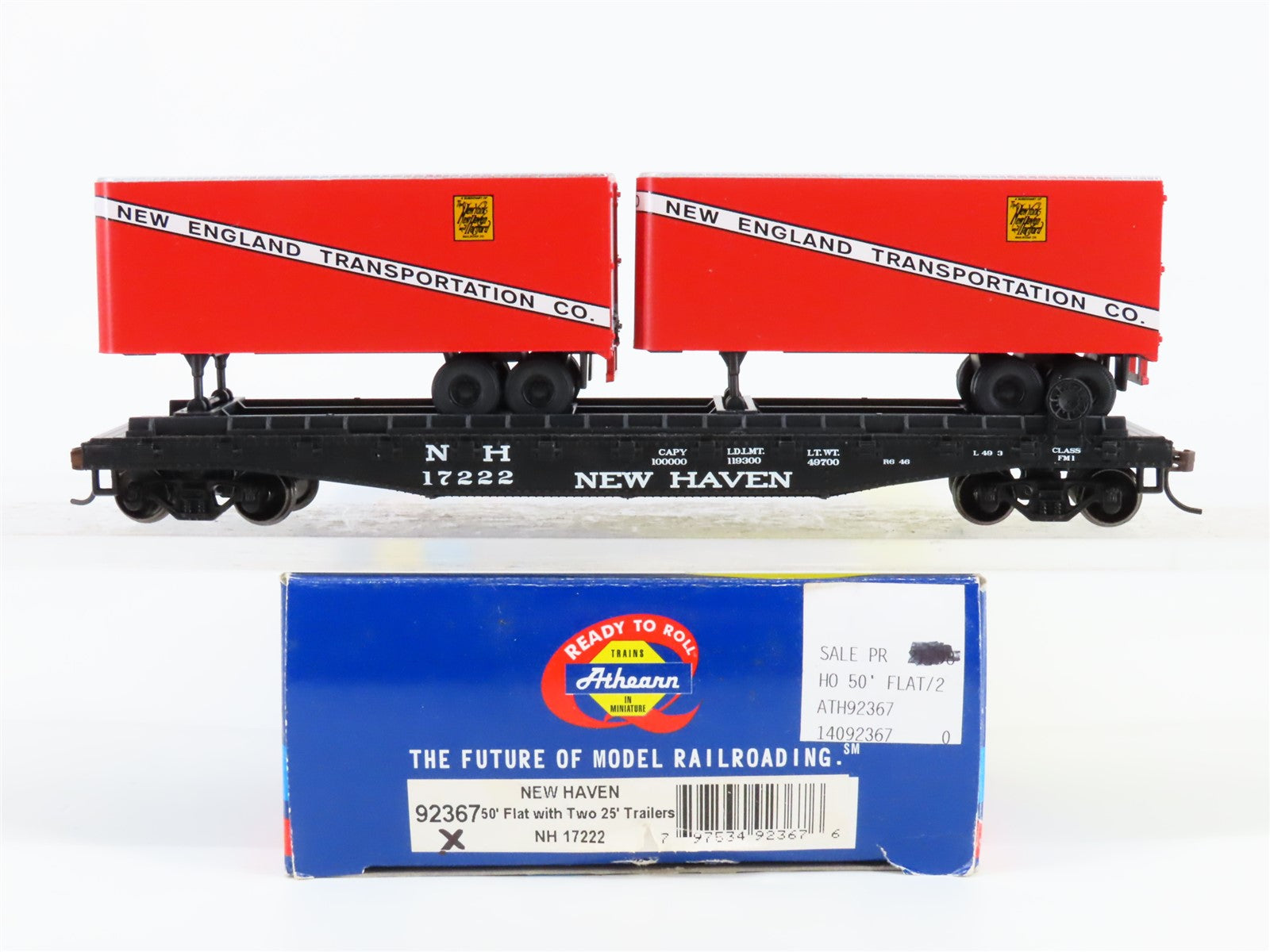 HO Scale Athearn 72368 NH New Haven 50' Flat Car #17222 w/ Two 25' Van Trailers