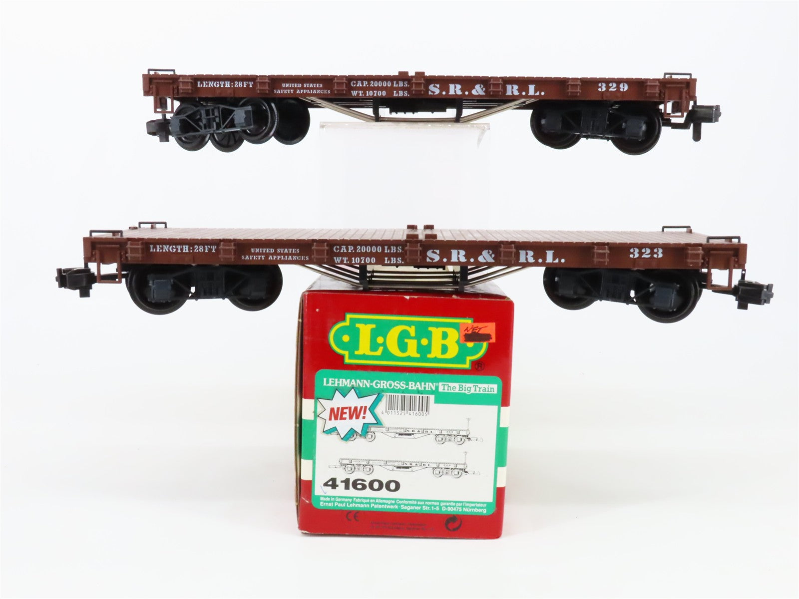 G Scale LGB 41600 Sandy River & Rangeley Lakes 28' Flat Car 2-Pack 323, 329 RTR