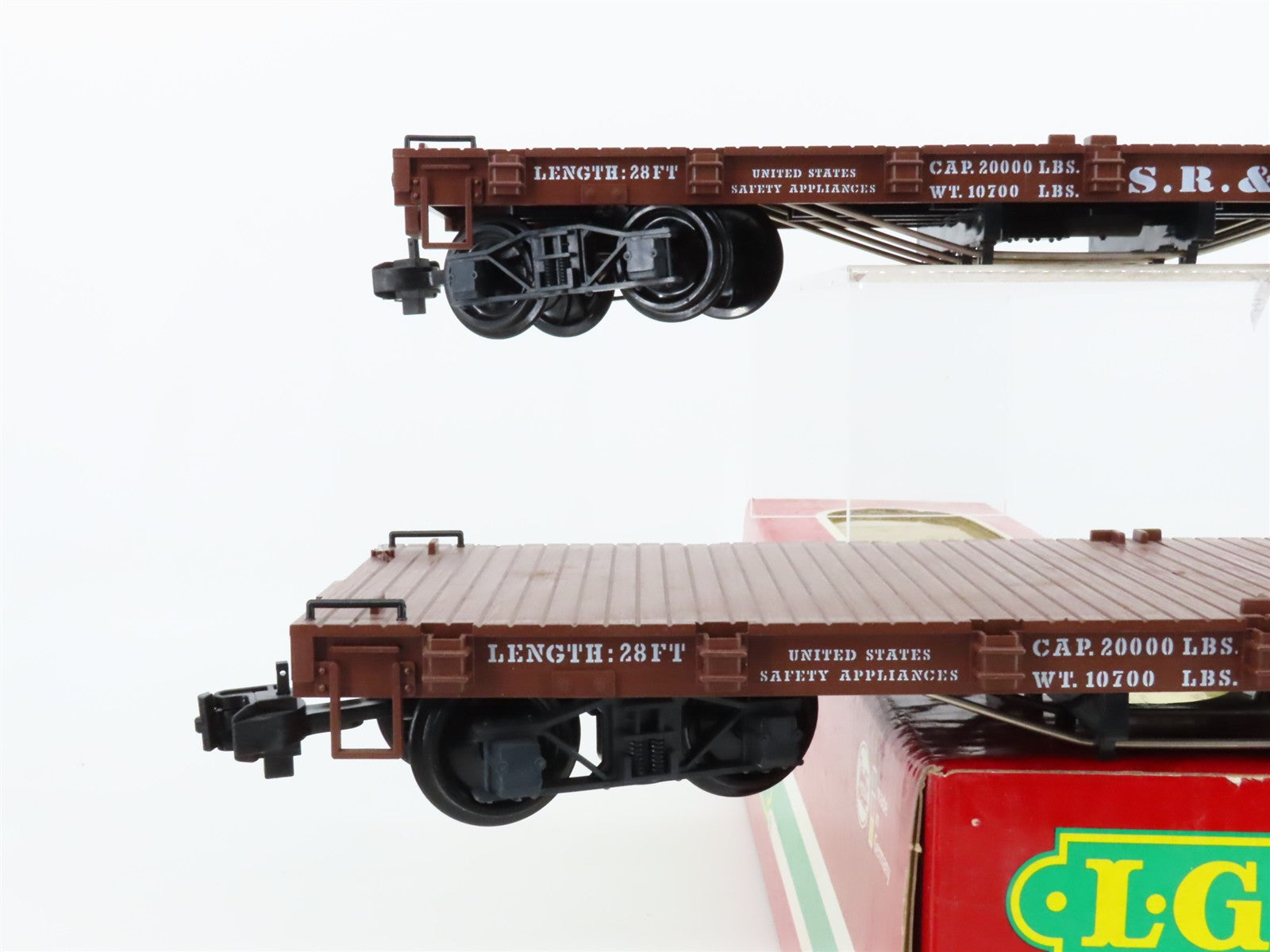 G Scale LGB 41600 Sandy River & Rangeley Lakes 28' Flat Car 2-Pack 323, 329 RTR