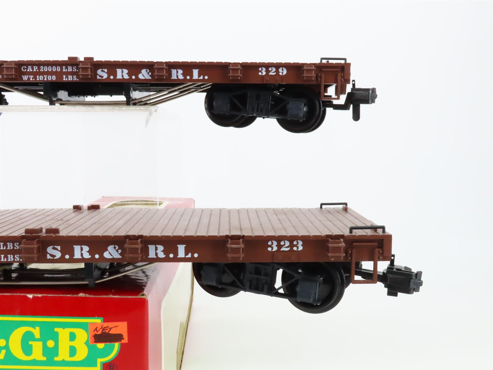 G Scale LGB 41600 Sandy River & Rangeley Lakes 28' Flat Car 2-Pack 323, 329 RTR