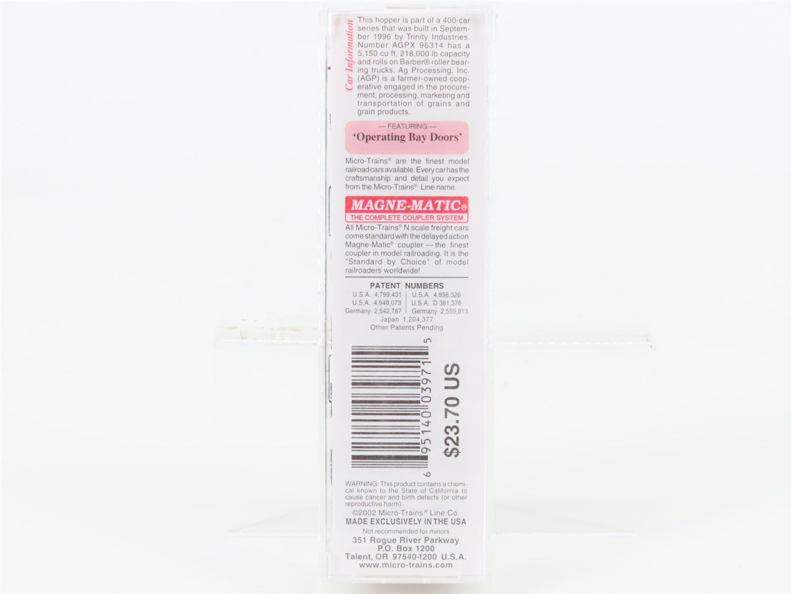 N Scale Micro-Trains MTL 93060 AGPX AG Processing 3-Bay Covered Hopper 96314