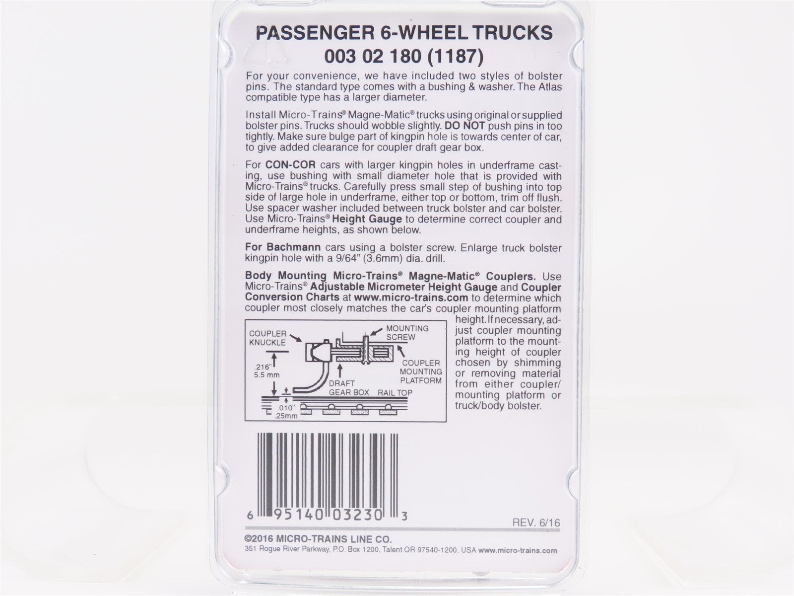 N Scale Micro-Trains MTL 00302180 (1187) Passenger 6-Wheel Trucks - One Pair