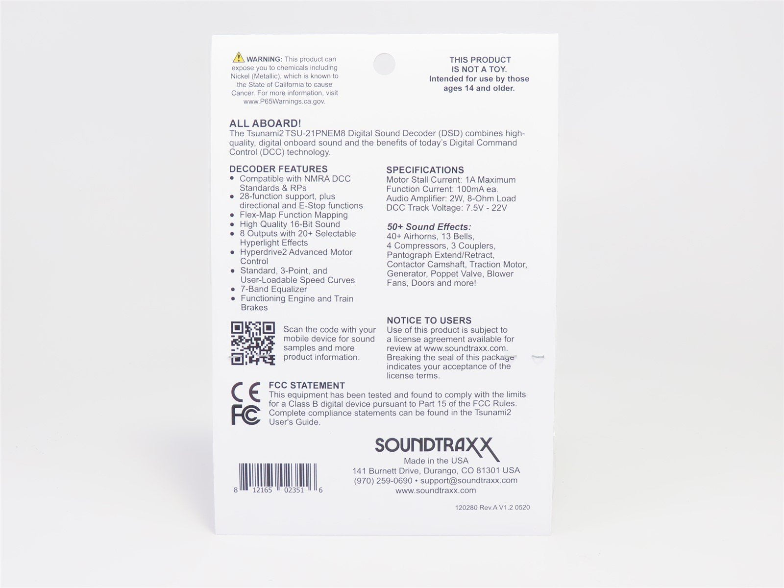 Soundtraxx Tsunami 2 886803 TSU-21PNEM8 Electric DCC / SOUND Decoder 8-Function
