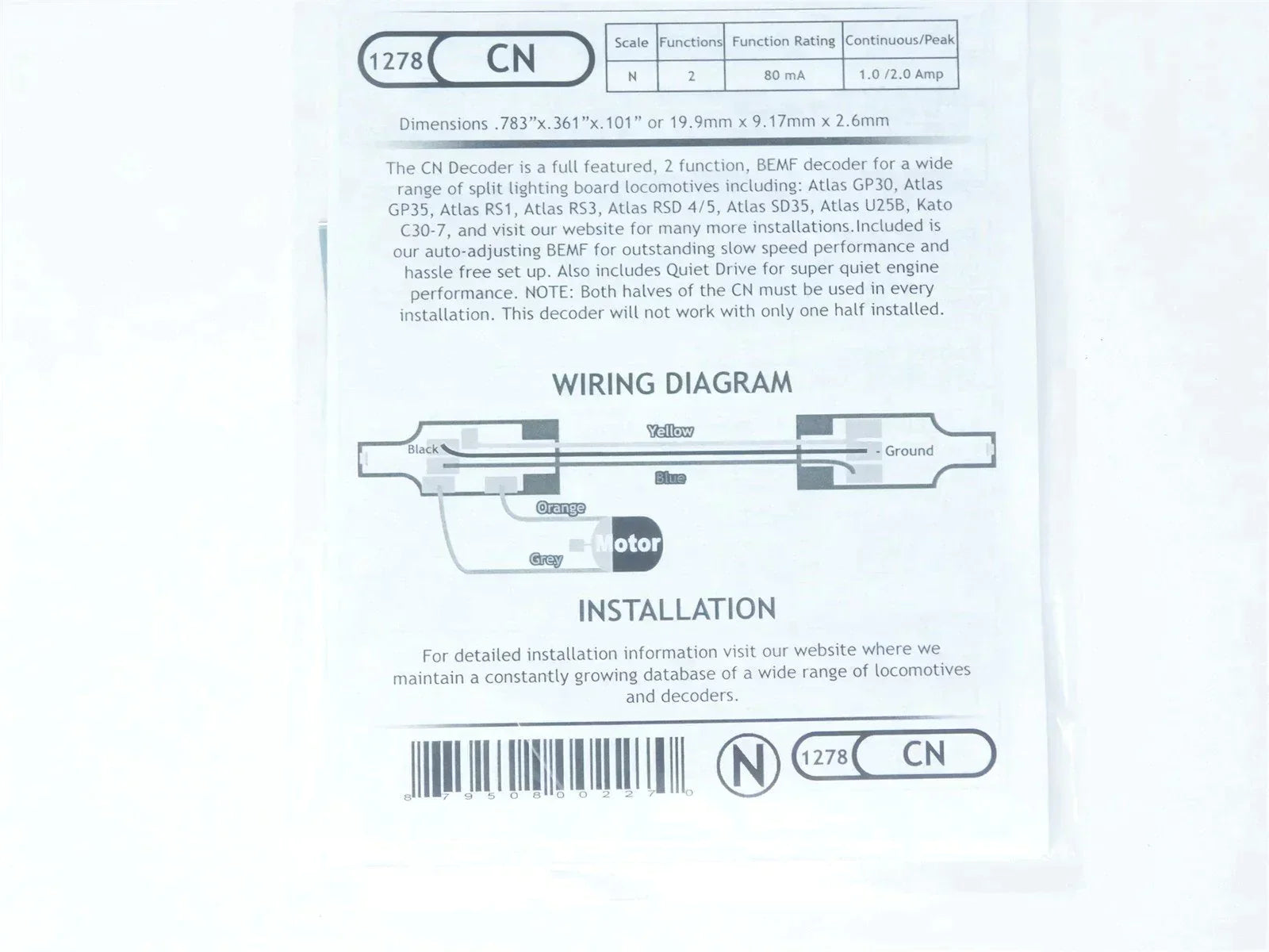 TCS 1278 CN 2-Function N Scale DCC Drop-in Decoder: Atlas, Kato & Intermountain