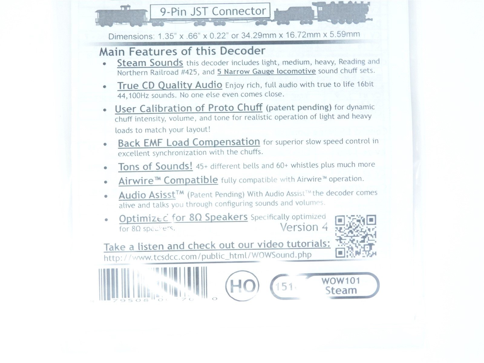 TCS 1516 WOW101 WOW Steam Universal DCC Sound Decoder Version 4 Narrow Gauge