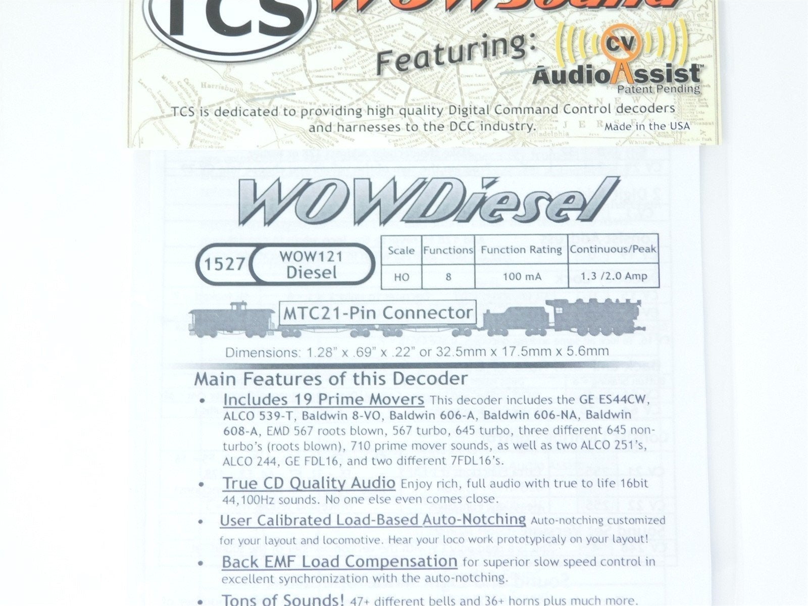 TCS 1527 WOW121 Diesel Universal DCC WOW Sound Decoder 21-pin MTC Format