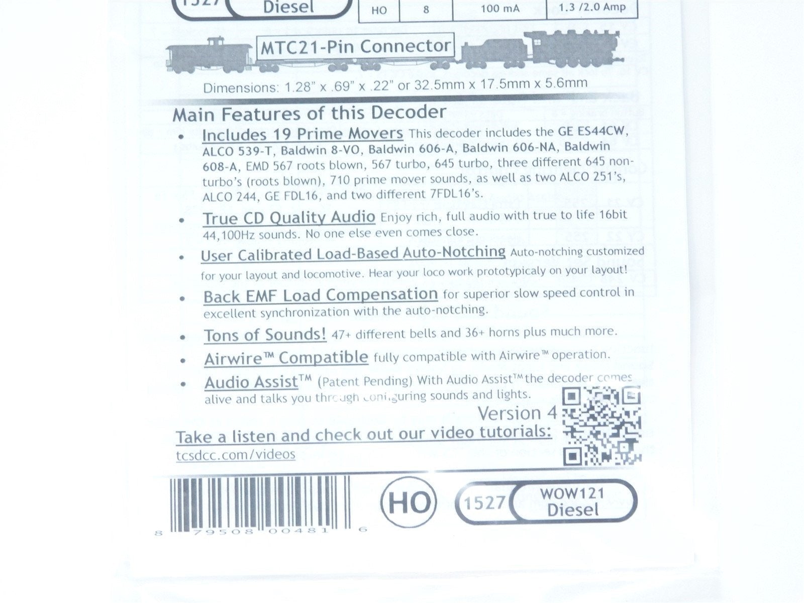 TCS 1527 WOW121 Diesel Universal DCC WOW Sound Decoder 21-pin MTC Format
