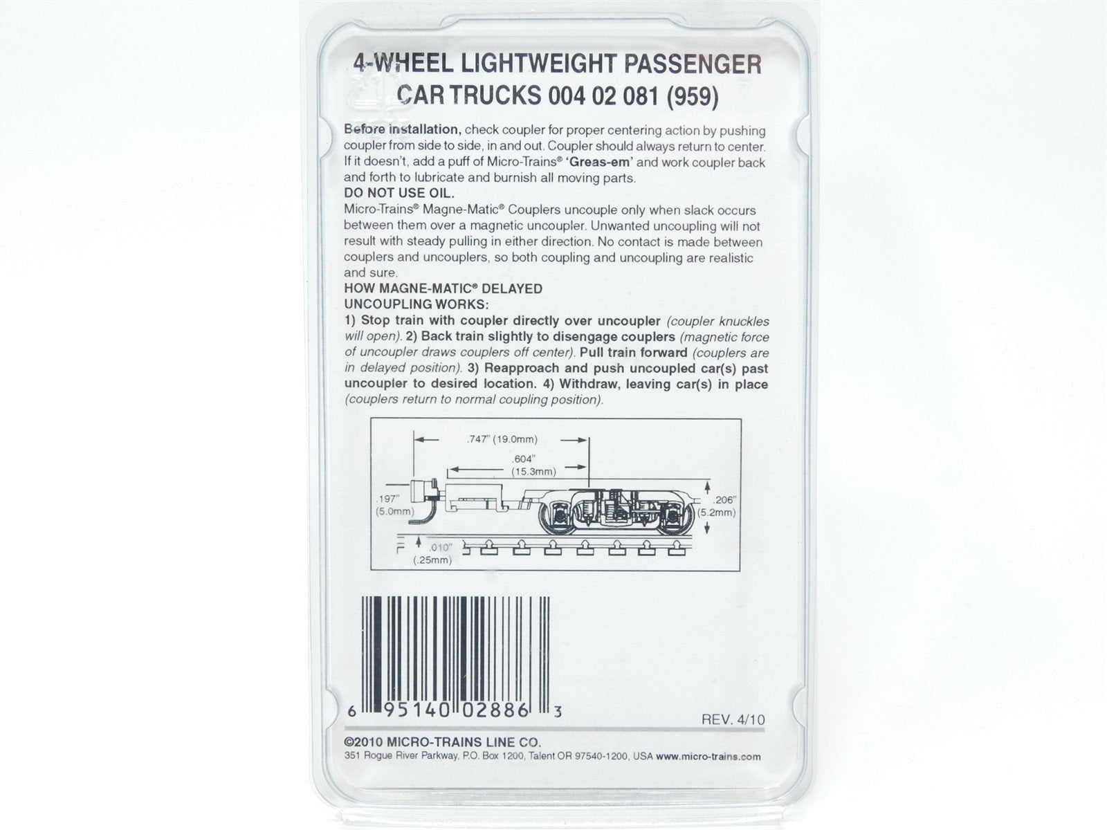 Z Scale Micro-Trains MTL 00402081 (959) 4-Wheel Lightweight Passenger Car Trucks