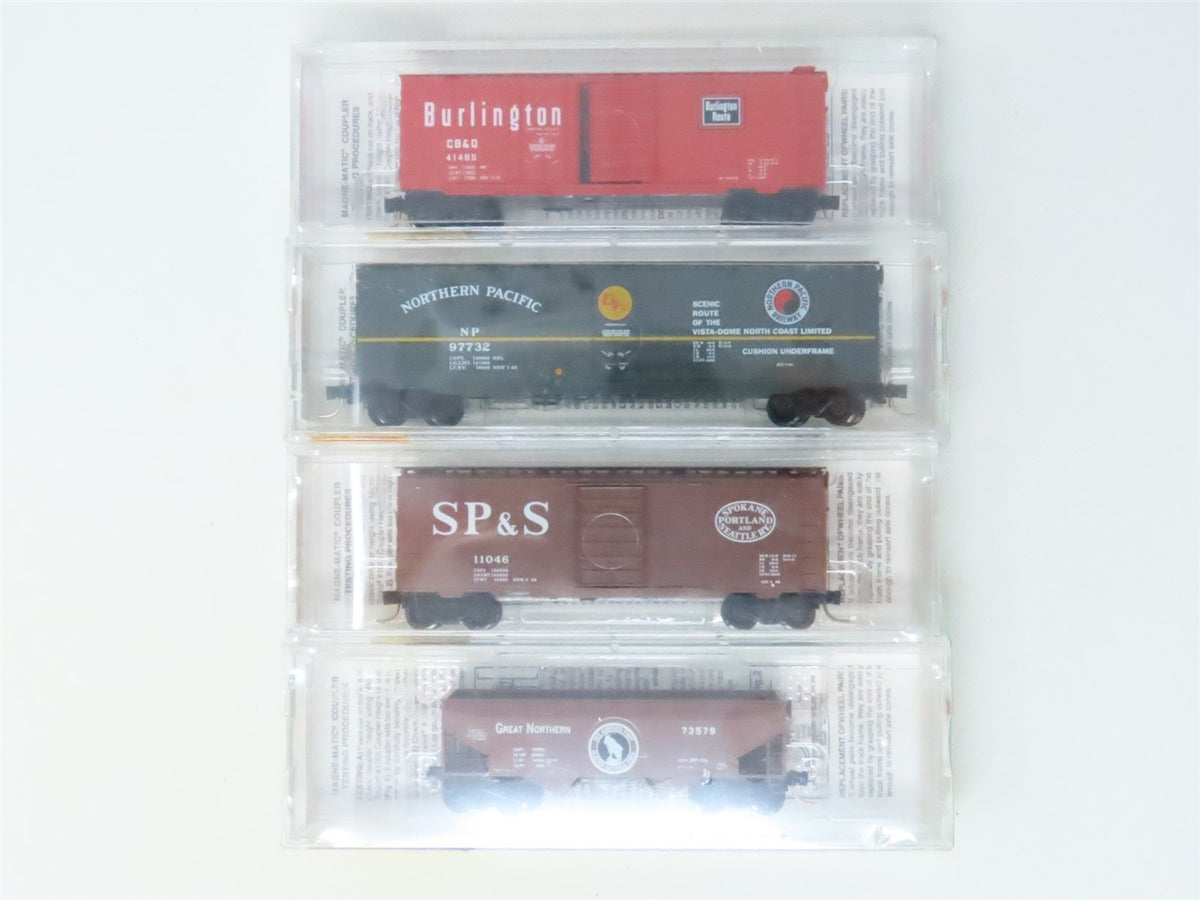 N Scale Micro-Trains MTL #22102 CB&amp;Q NP SP&amp;S GN Fallen Flags BN Merger 4-Car Set