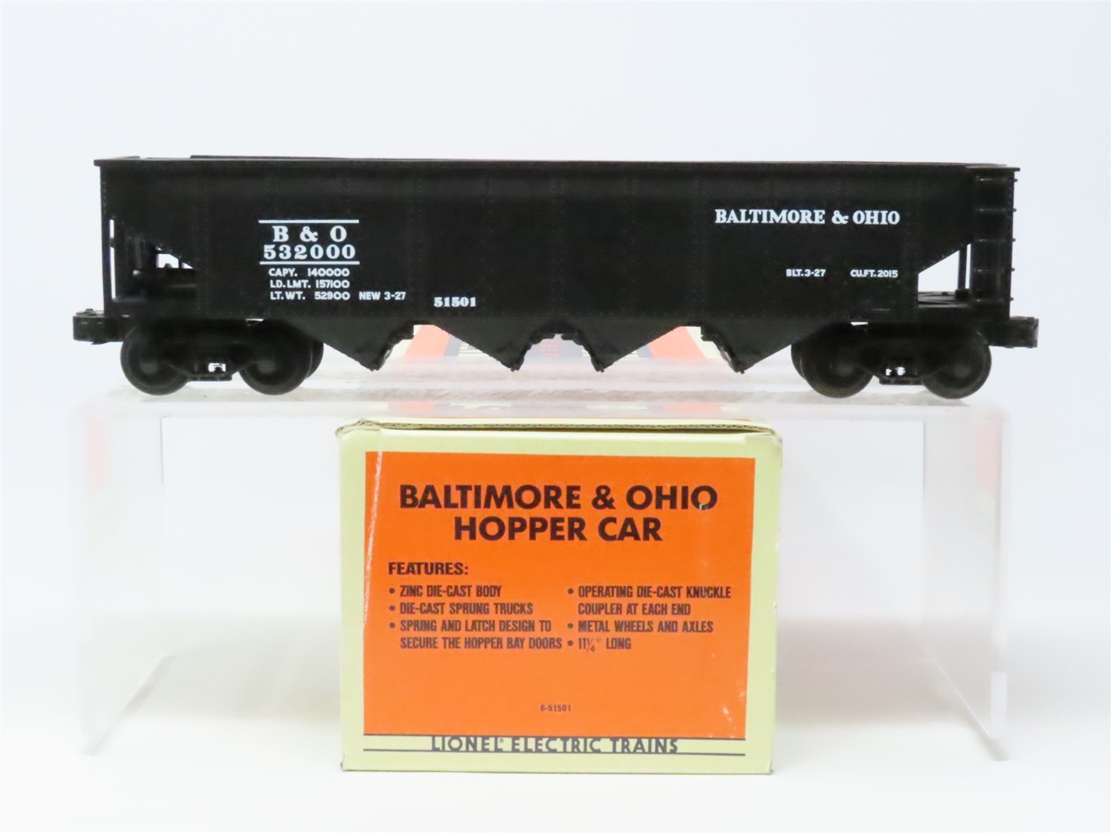 O Gauge 3-Rail Lionel #6-51501 B&O Baltimore & Ohio 4-Bay Open Hopper #532000