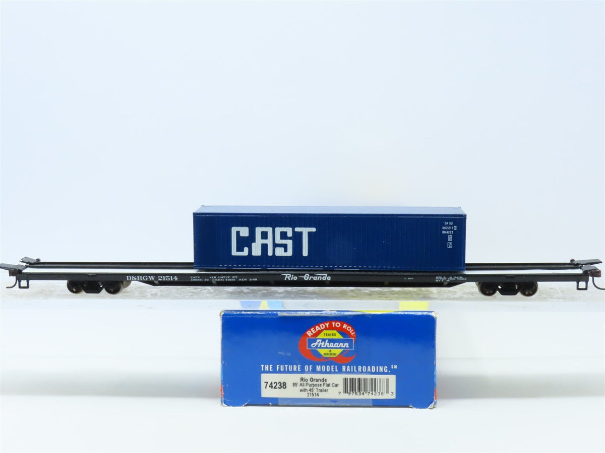 HO Scale Athearn 74238 D&amp;RGW Rio Grande 85&#39; Flat Car #21514 w/ Container