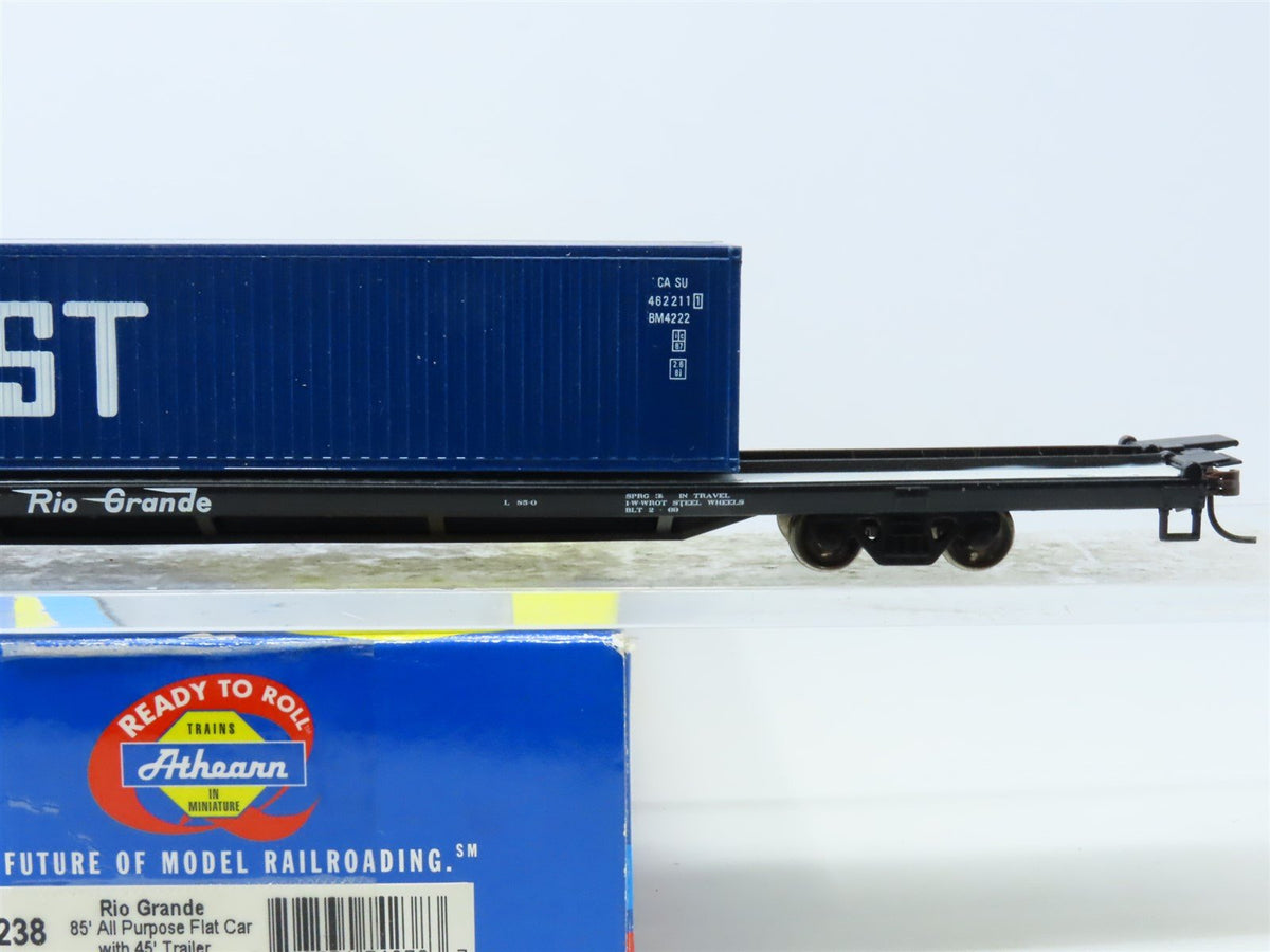 HO Scale Athearn 74238 D&amp;RGW Rio Grande 85&#39; Flat Car #21514 w/ Container