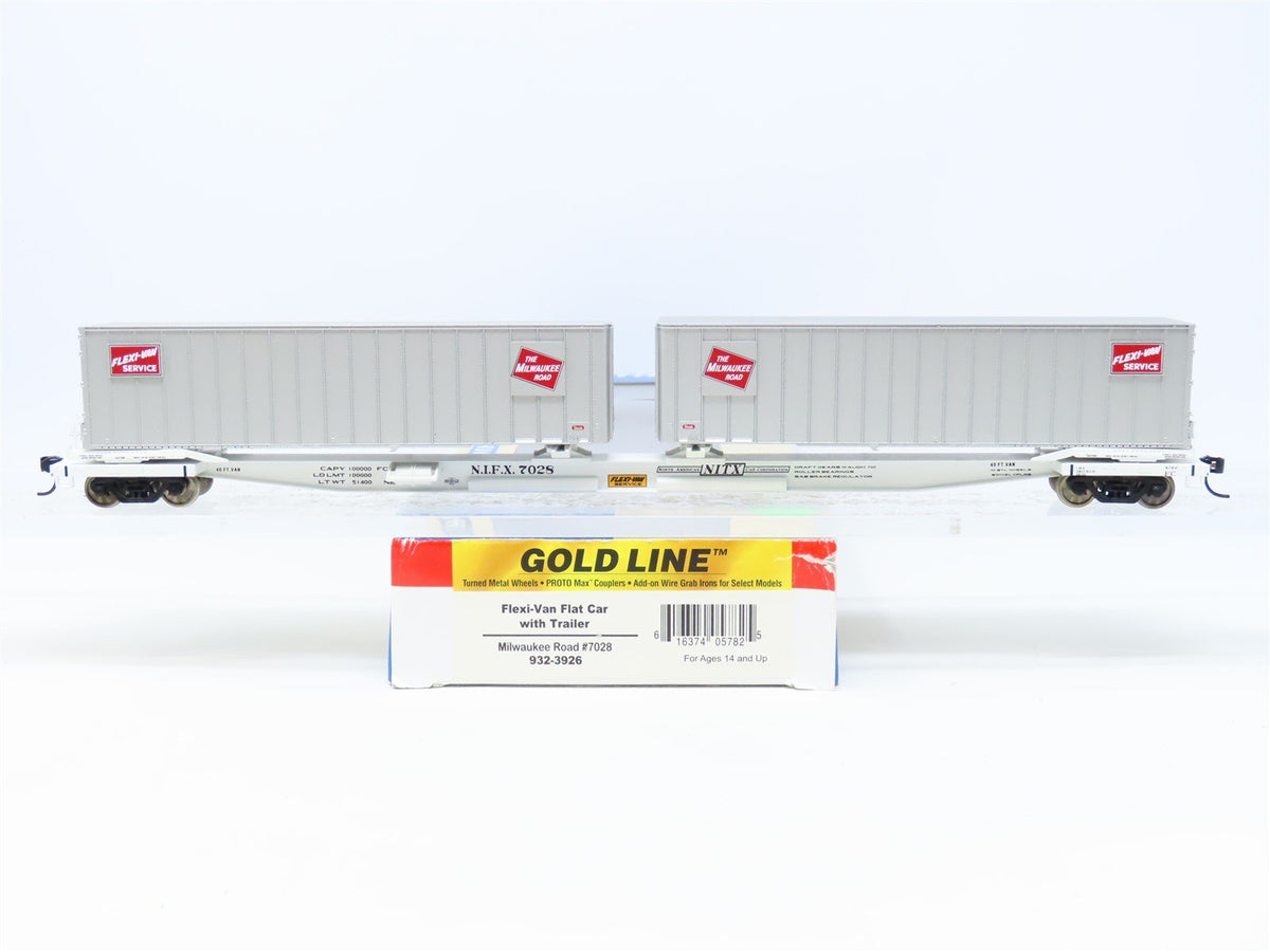 HO Walthers Gold Line 932-3926 MILW Milwaukee Road Flat Car #7028 w/ Trailers