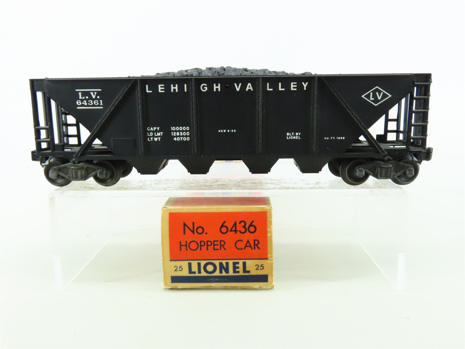 O Gauge 3-Rail Lionel 6436 LV Lehigh Valley 4-Bay Hopper w/Coal Load #64361