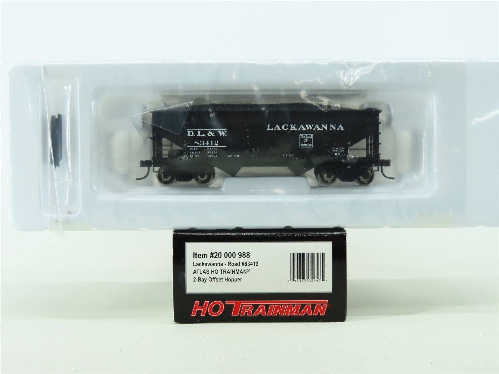 HO Scale Atlas Trainman #20000988 DL&W Lackawanna 2-Bay Hopper w/ Load #83412