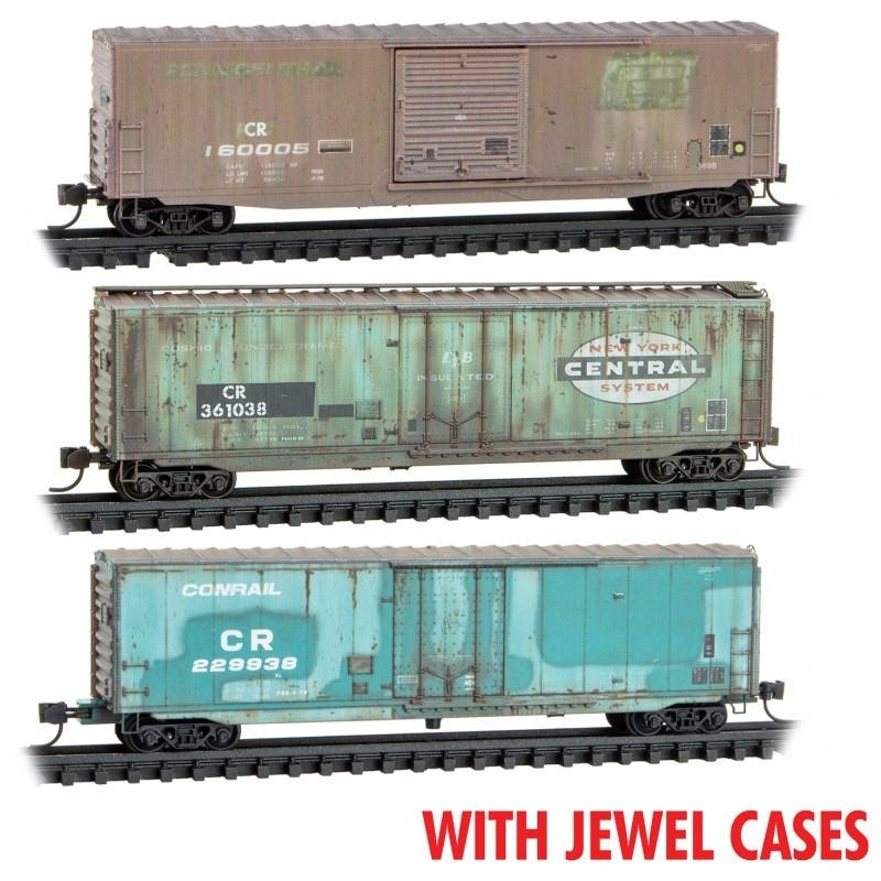 N Scale Micro-Trains MTL 98305041 CR Conrail 50&#39; Box Car Set 3-Pack - Weathered