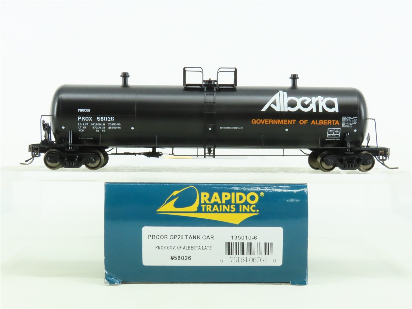 HO Rapido #135010-6 PROX Gov. Of Alberta "GP20" 20,000 Gallon Tank Car #58026