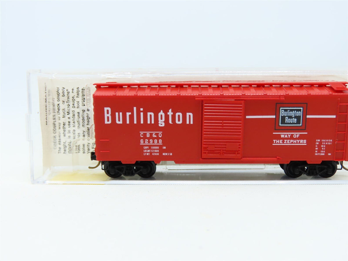 N Scale Micro-Trains MTL 20170 CB&amp;Q Burlington Route 40&#39; Box Car #62988