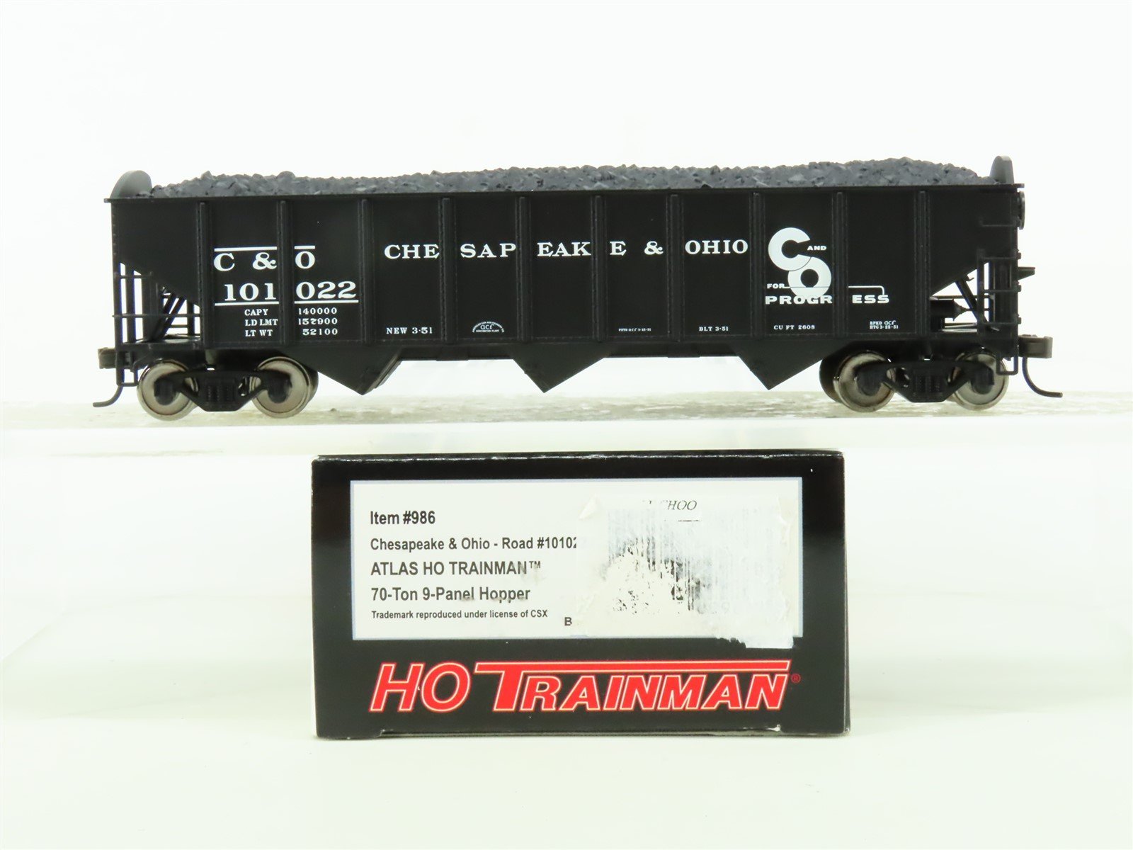HO Scale Atlas Trainman #986 C&O Chesapeake & Ohio 3-Bay Hopper w/ Load #101022