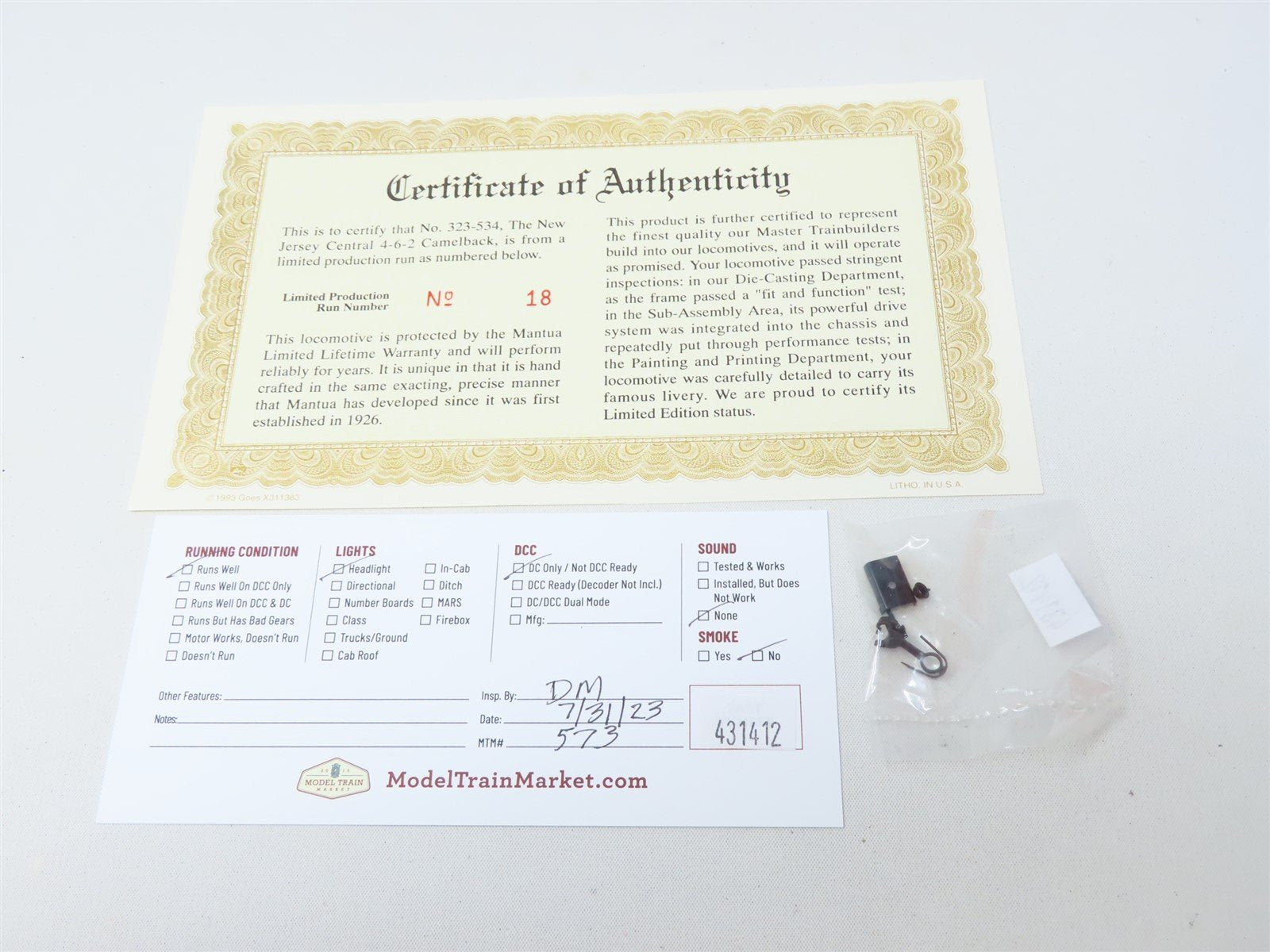 HO Scale Mantua 323-534 NJC Jersey Central 4-6-2 Camelback Steam Locomotive #810