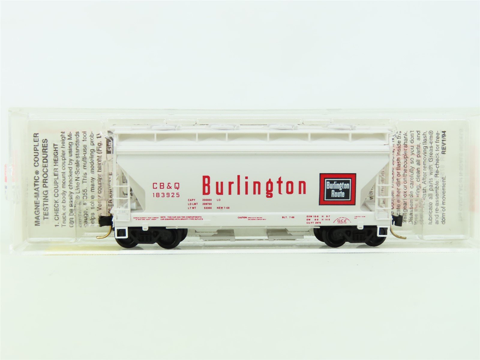 N Micro-Train MTL 92070 CB&Q Burlington Route 2-Bay ACF Covered Hopper #183925