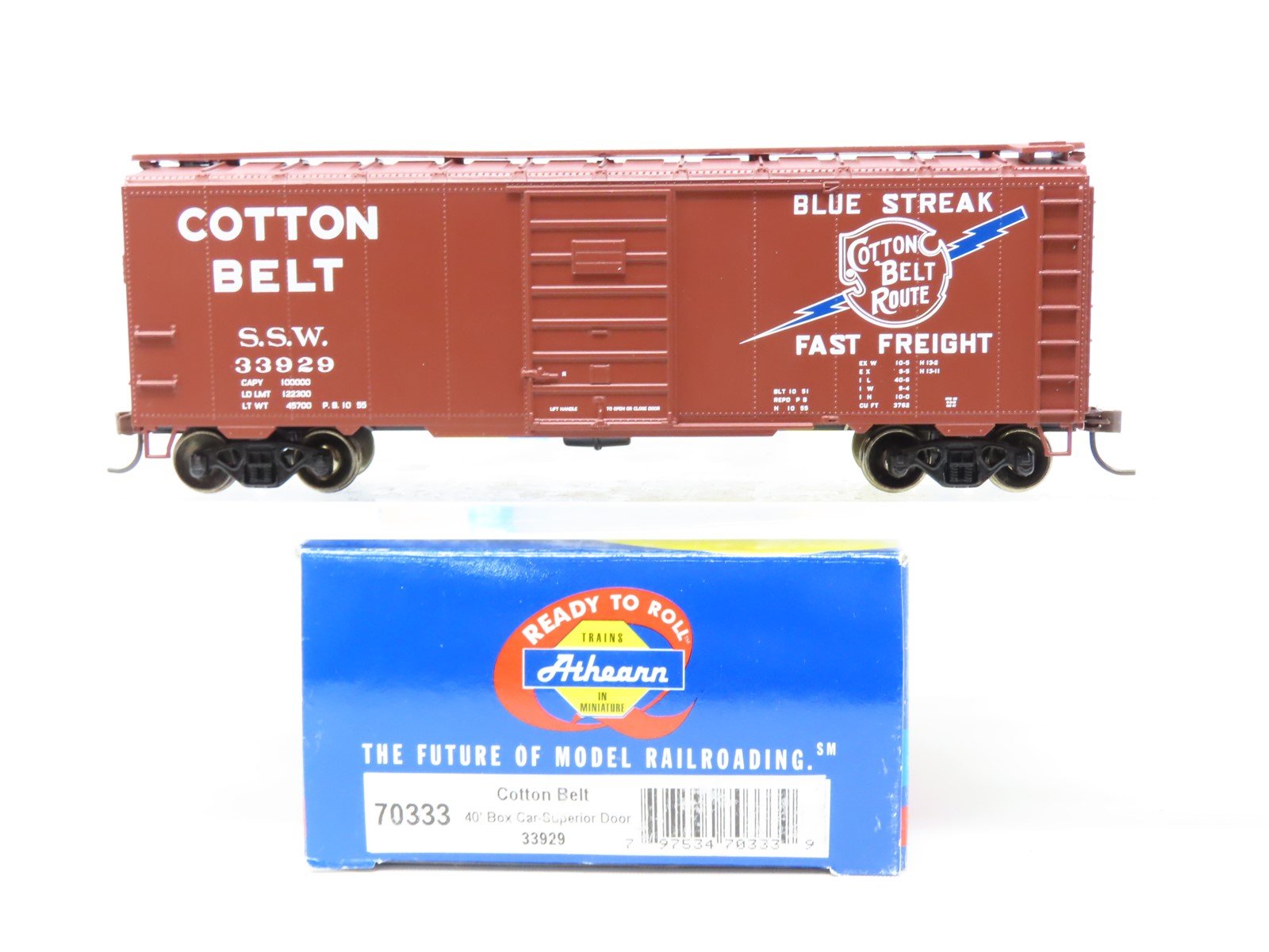 HO Scale Athearn #70333 SSW Cotton Belt "Blue Streak" 40' Box Car #33929