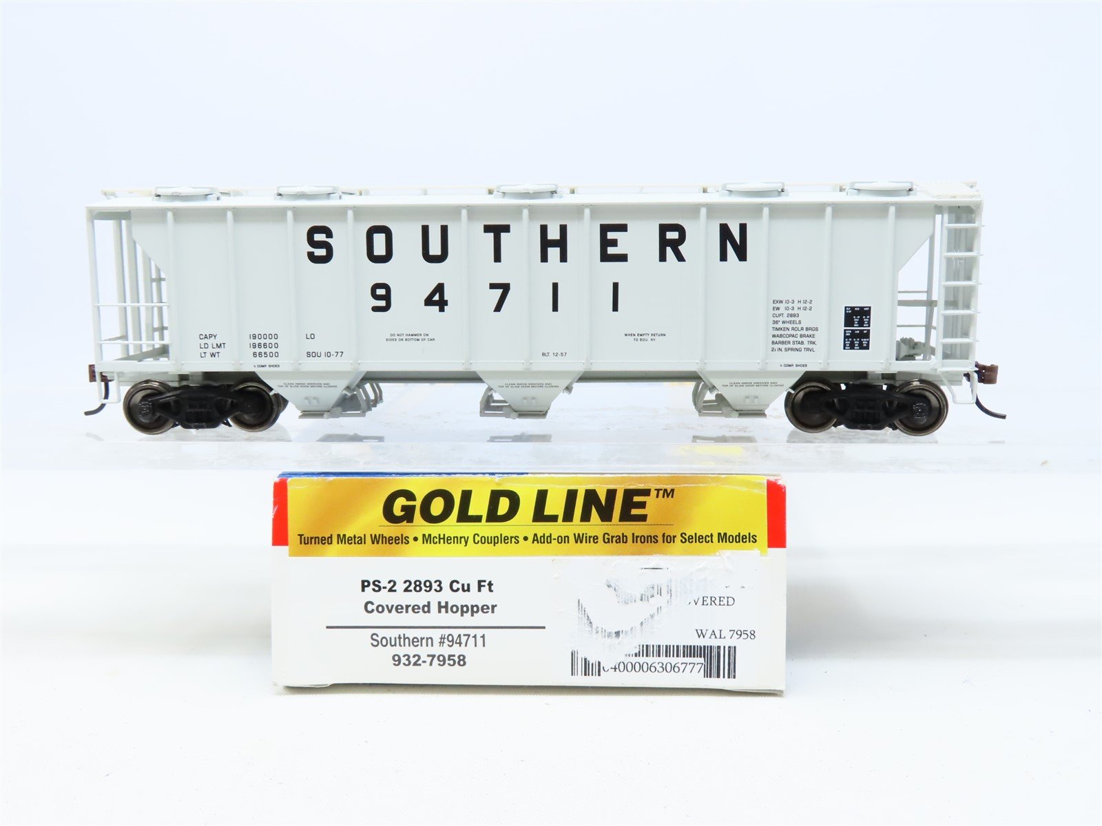 HO Walthers Gold Line #932-7958 SOU Southern Railway 3-Bay Covered Hopper #94711