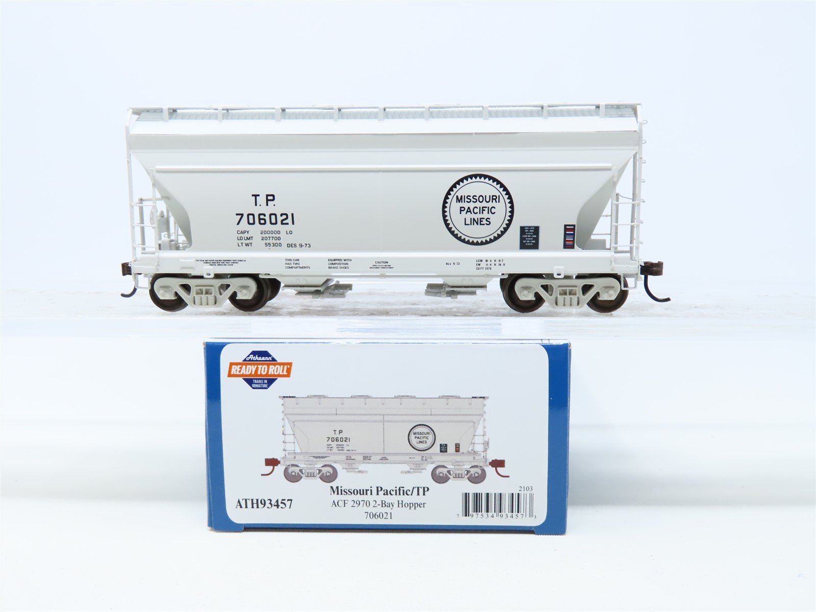 HO Scale Athearn ATH93457 TP Missouri Pacific Lines 2-Bay Covered Hopper #706021