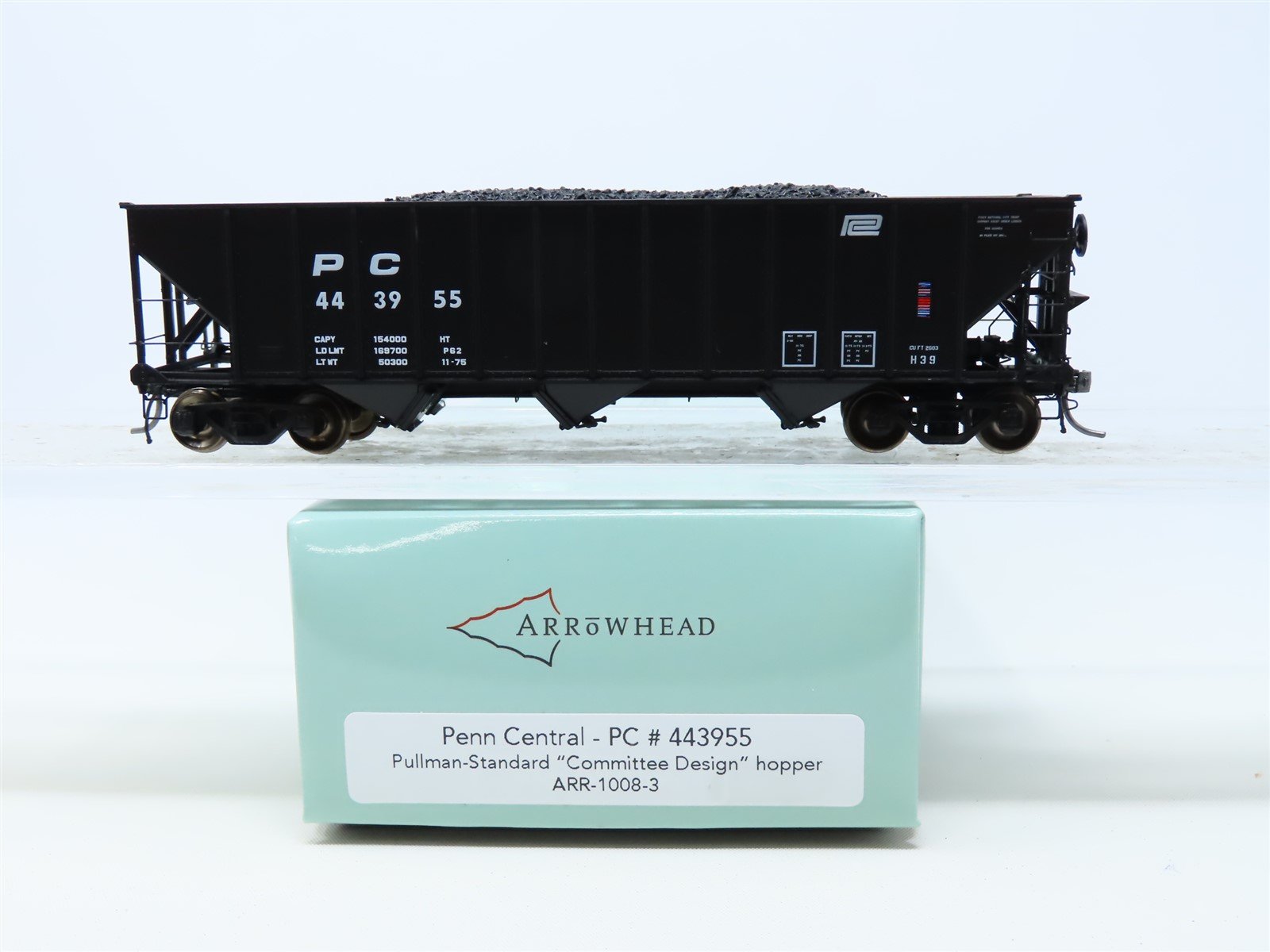 HO Arrowhead #ARR-1008-3 PC Penn Central 3-Bay Hopper w/ Coal Load #443955