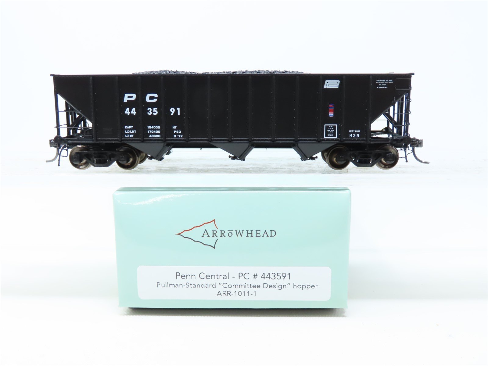 HO Arrowhead #ARR-1011-1 PC Penn Central 3-Bay Hopper w/ Coal Load #443591