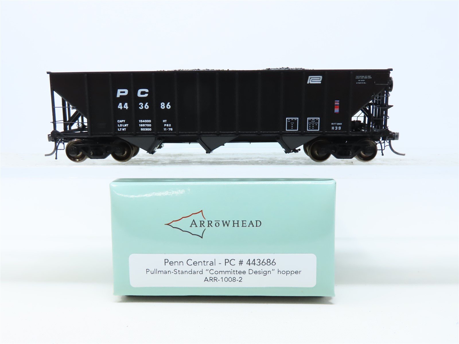HO Arrowhead #ARR-1008-2 PC Penn Central 3-Bay Hopper w/ Coal Load #443686