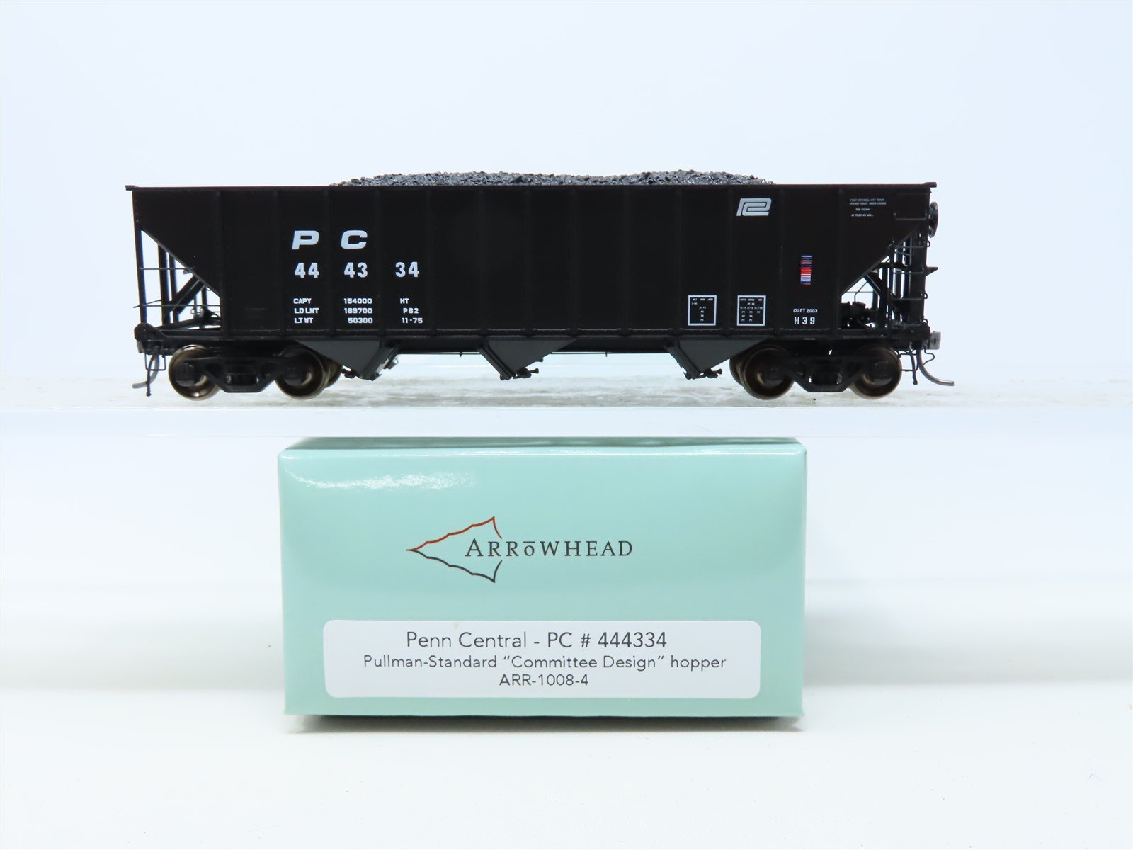 HO Arrowhead #ARR-1008-4 PC Penn Central 3-Bay Hopper w/ Coal Load #444334