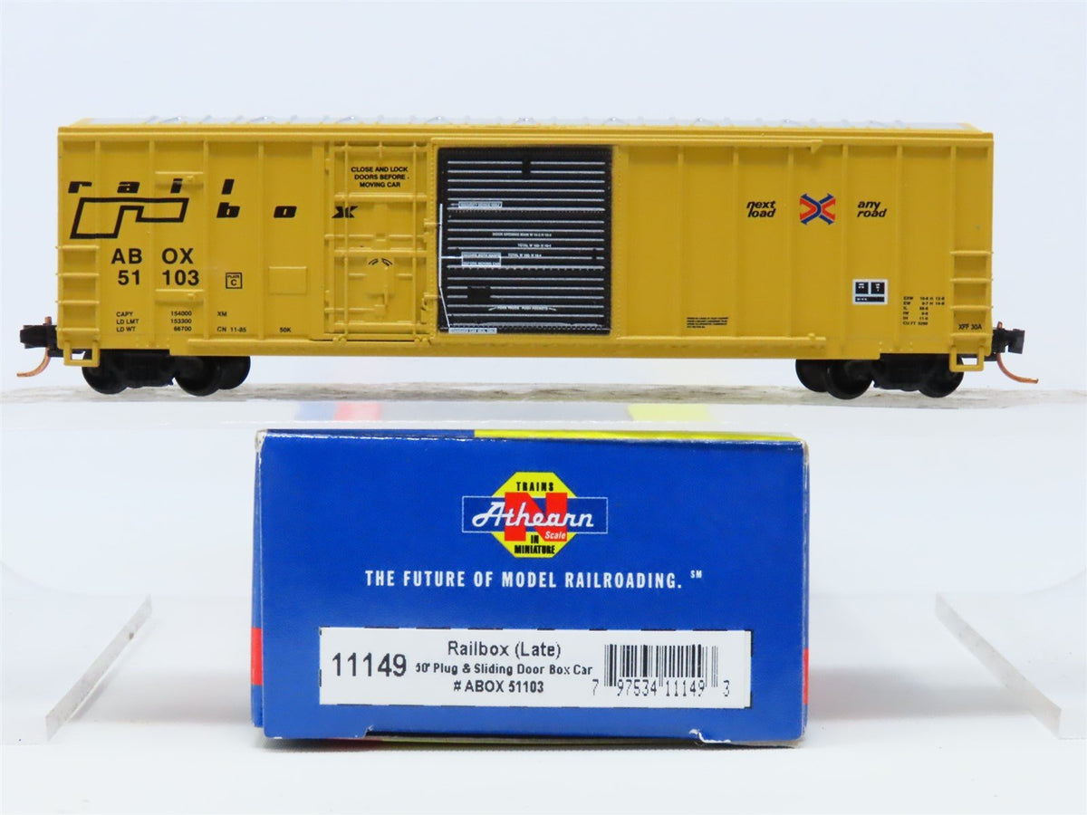 N Scale Athearn 11149 ABOX Railbox (late) 50&#39; Plug &amp; Sliding Door Box Car #51103