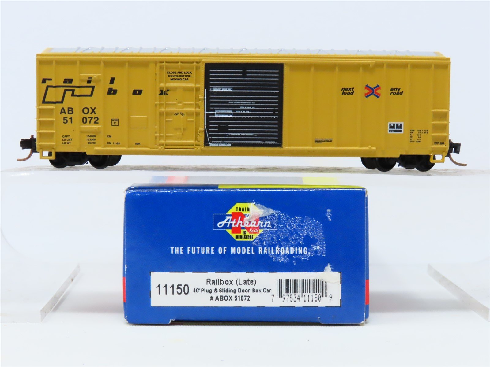 N Scale Athearn 11150 ABOX Railbox (late) 50' Plug & Sliding Door Box Car #51072