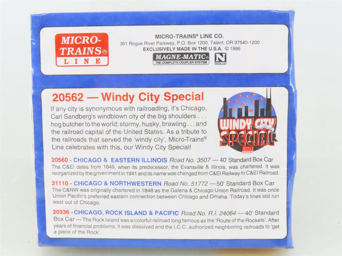 N Micro-Trains MTL #20562 RI, C&amp;EI, CNW &quot;Windy City Special&quot; Box Car 3-Pk.