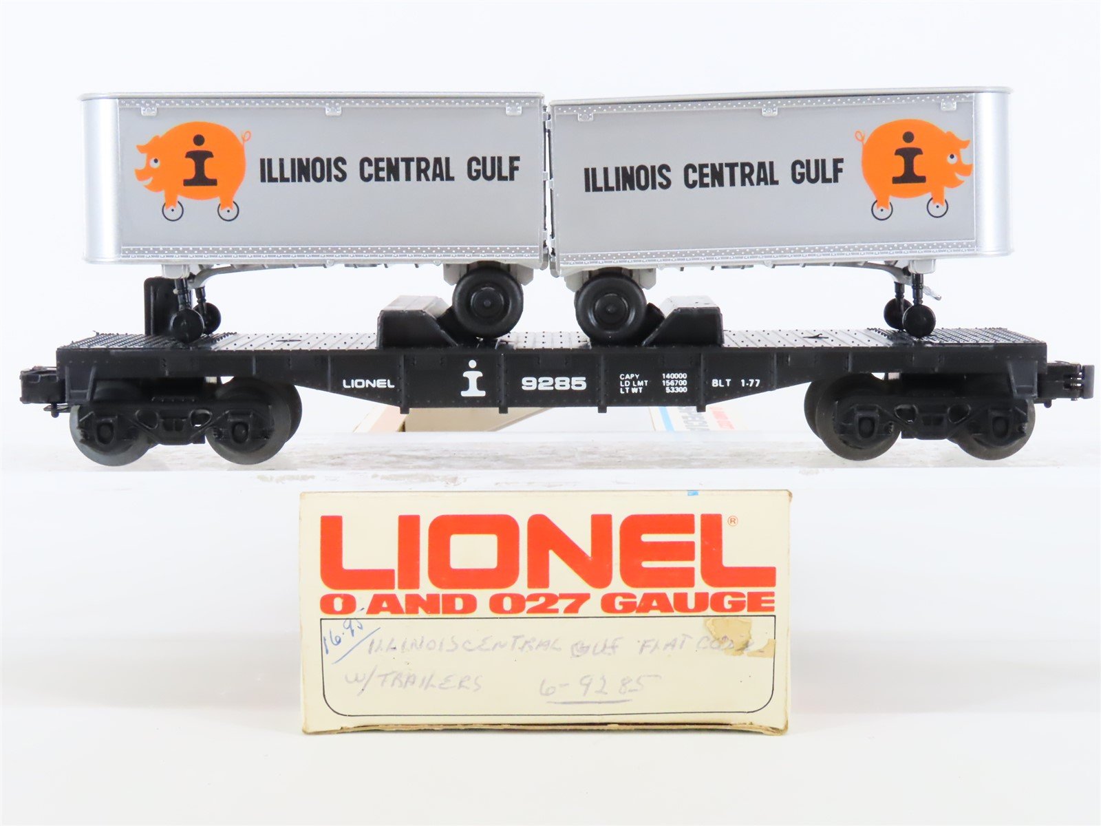 O Gauge 3-Rail Lionel #6-9285 IL Illinois Central Gulf Flat Car W/Trailers #9285