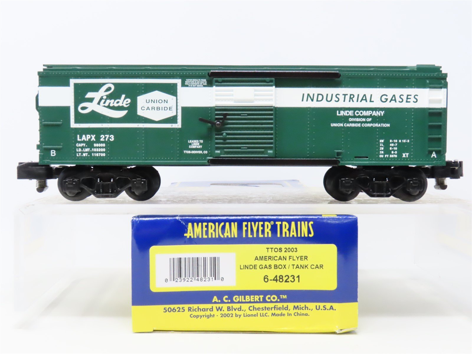 S Scale American Flyer 6-48231 LAPX Linde Gas Tank/Boxcar #273