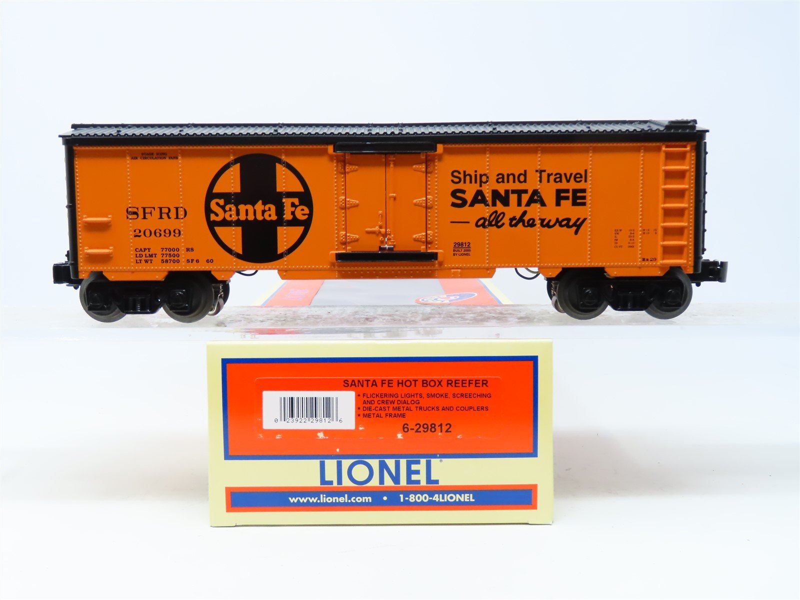 O Gauge 3-Rail Lionel 6-29812 SFRD Santa Fe "Hot Box" Reefer #20699 w/Sound