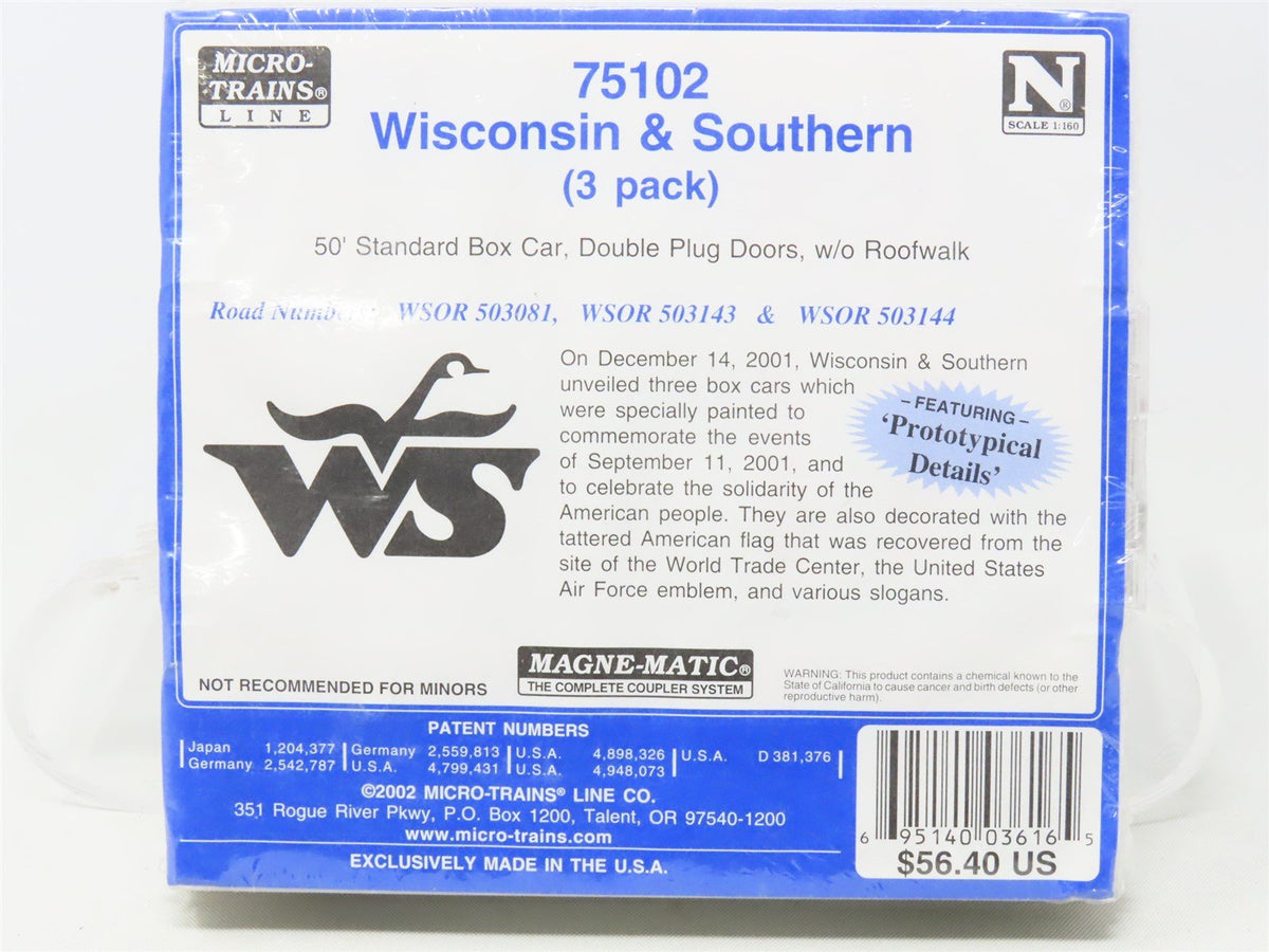 N Micro-Trains MTL 75102 WSOR Wisconsin &amp; Southern 9/11 Box Car 3-Pack SEALED