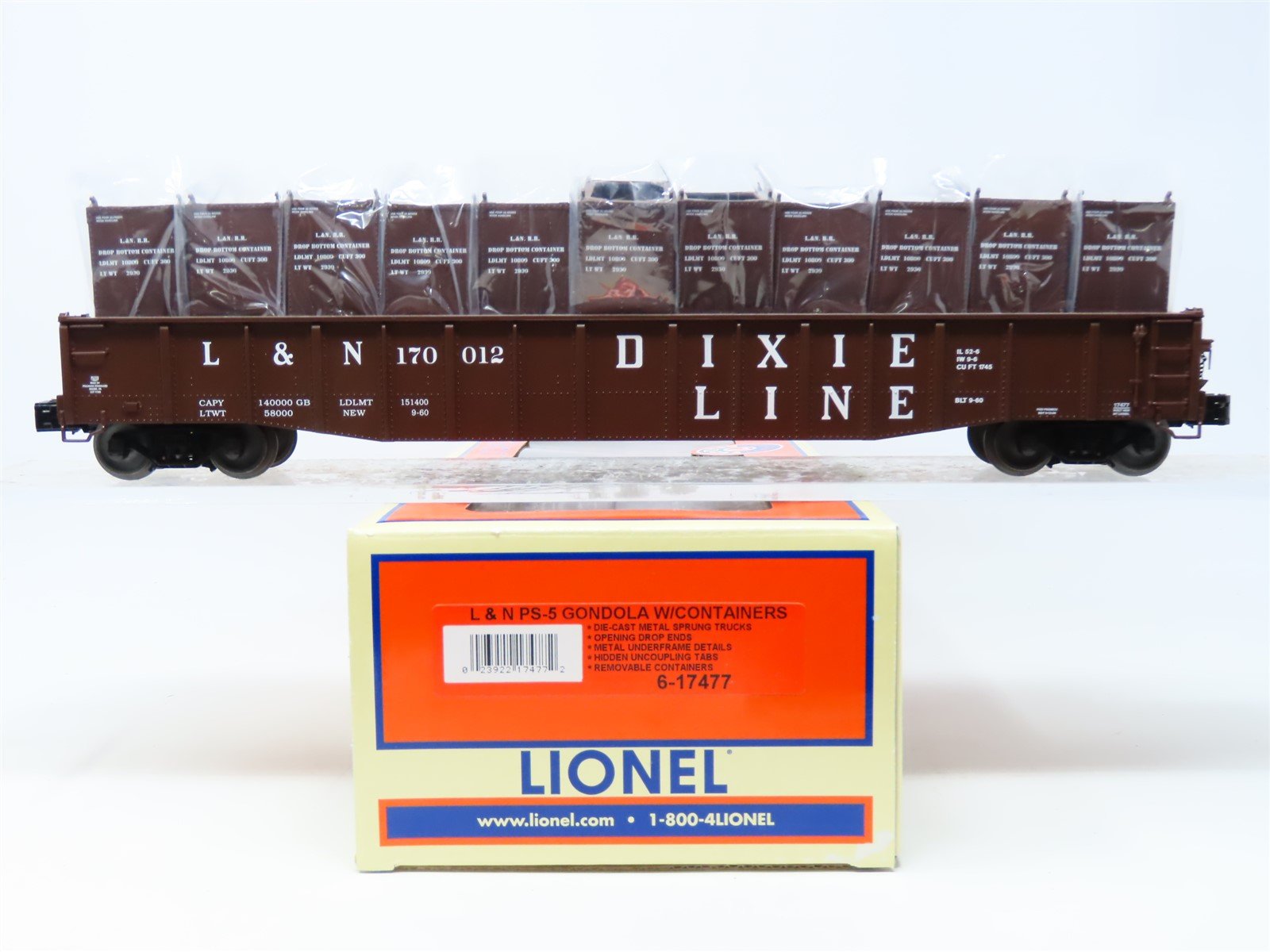 O Gauge 3-Rail Lionel 6-17477 L&N Dixie Line PS-5 Gondola #170012 w/ Containers