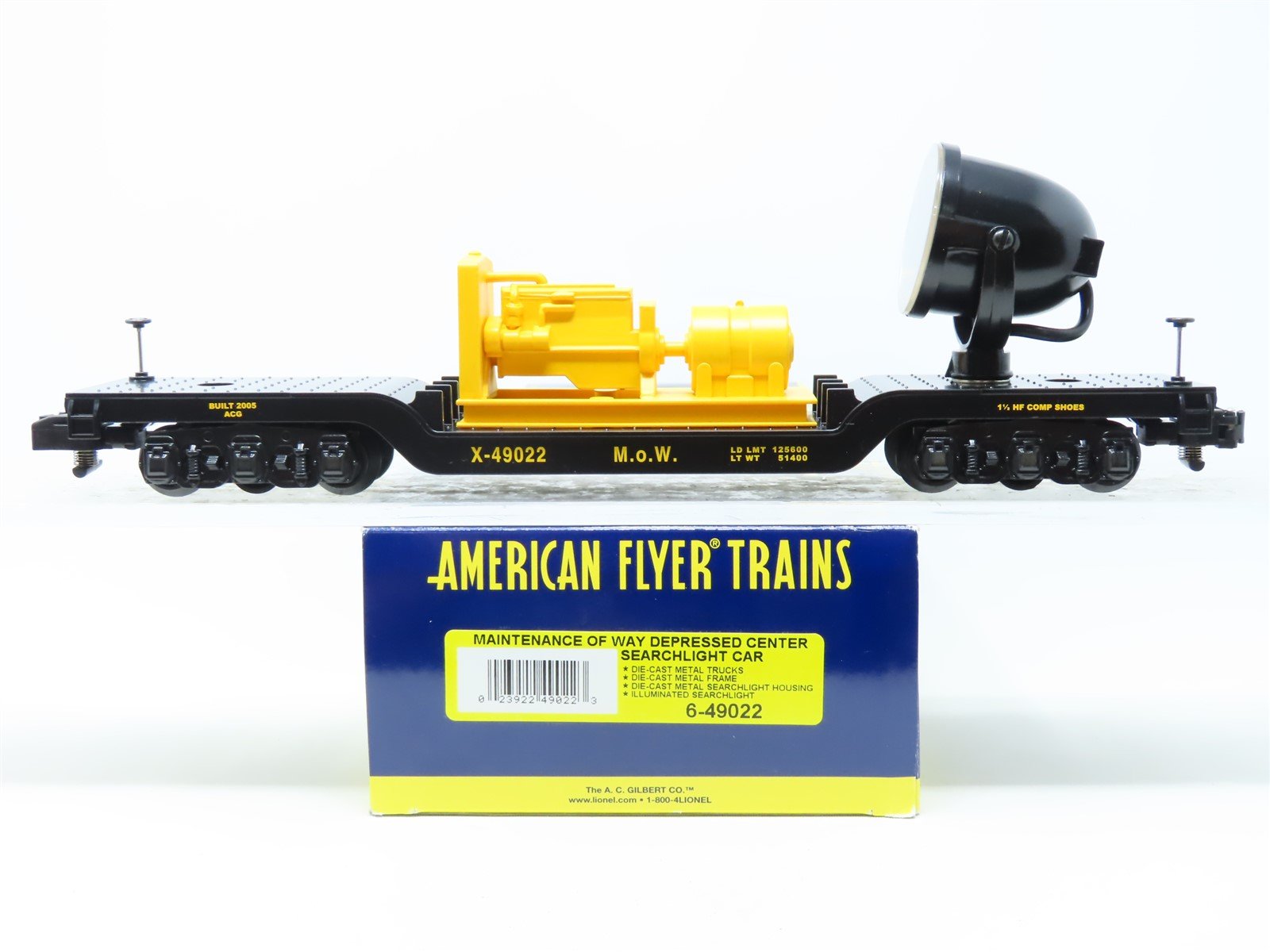 S Scale American Flyer 6-49022 MoW Depressed Center Searchlight Flat Car #X49022