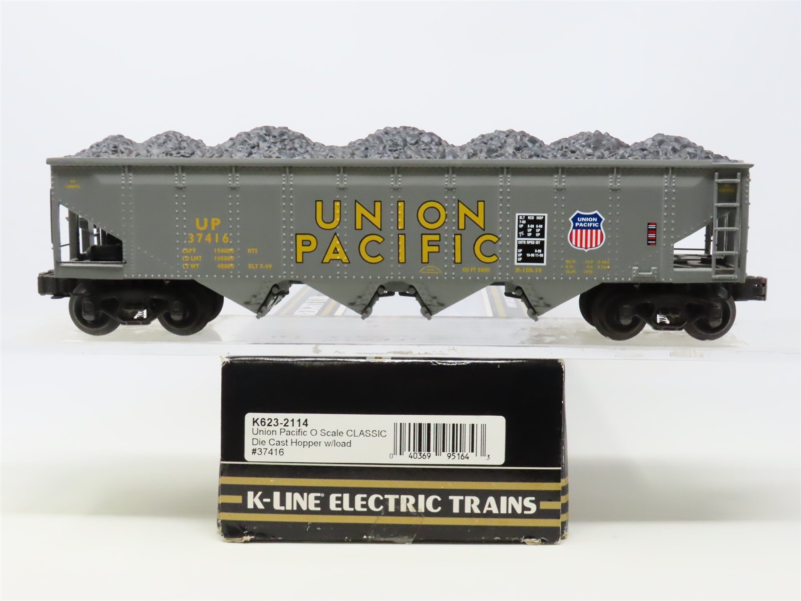O Gauge 3-Rail K-Line K623-2114 UP Union Pacific 4-Bay Hopper #37416 w/Load