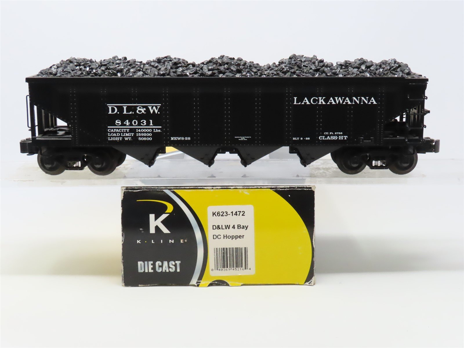 O Gauge 3-Rail K-Line K623-1472 DL&W Lackawanna 4-Bay Hopper #84031 w/Coal Load